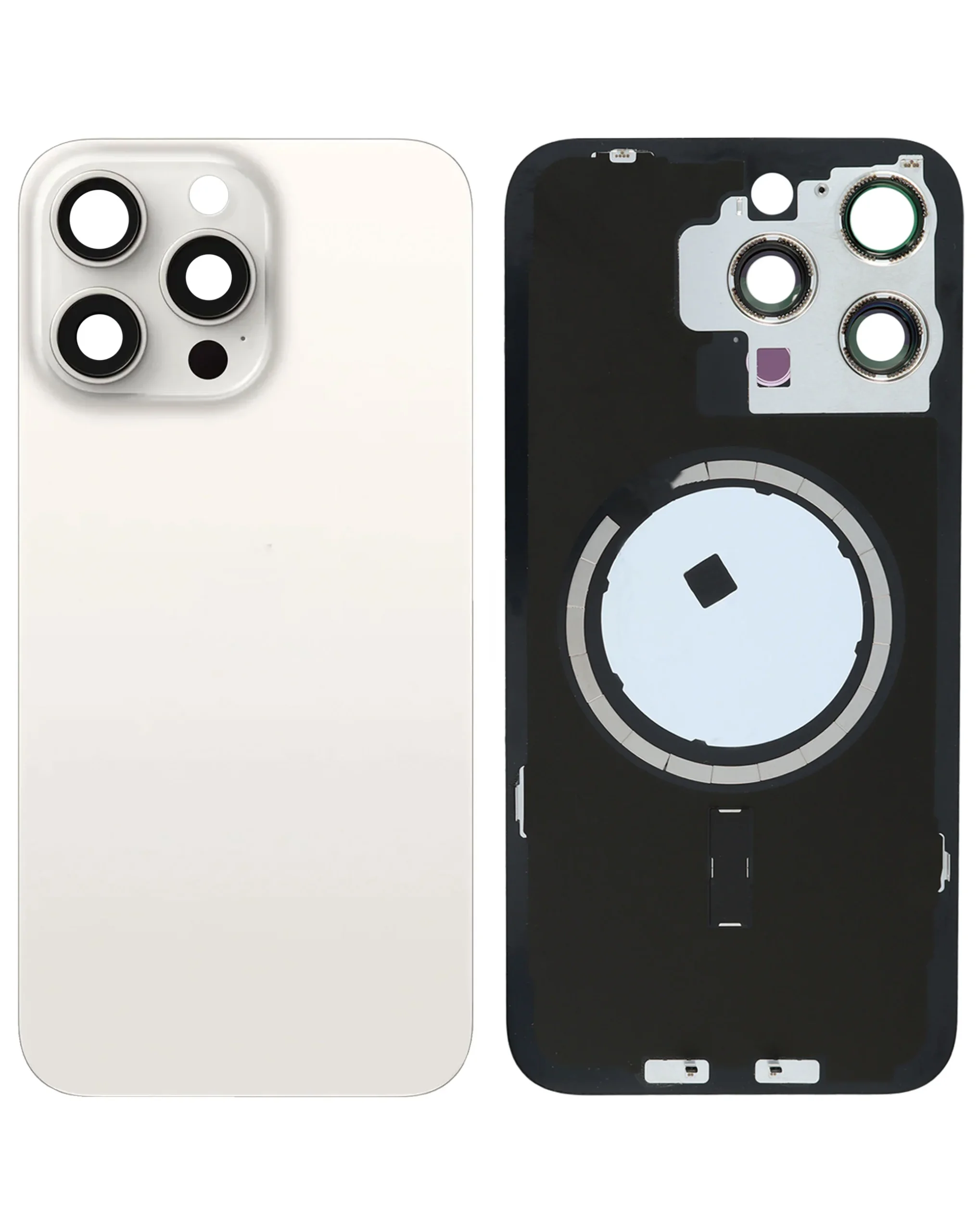 iPhone 15 Pro Max Uyumlu BEYAZ TİTANYUM LOGOLU MagSafe Mıknatıslı Arka Cam
