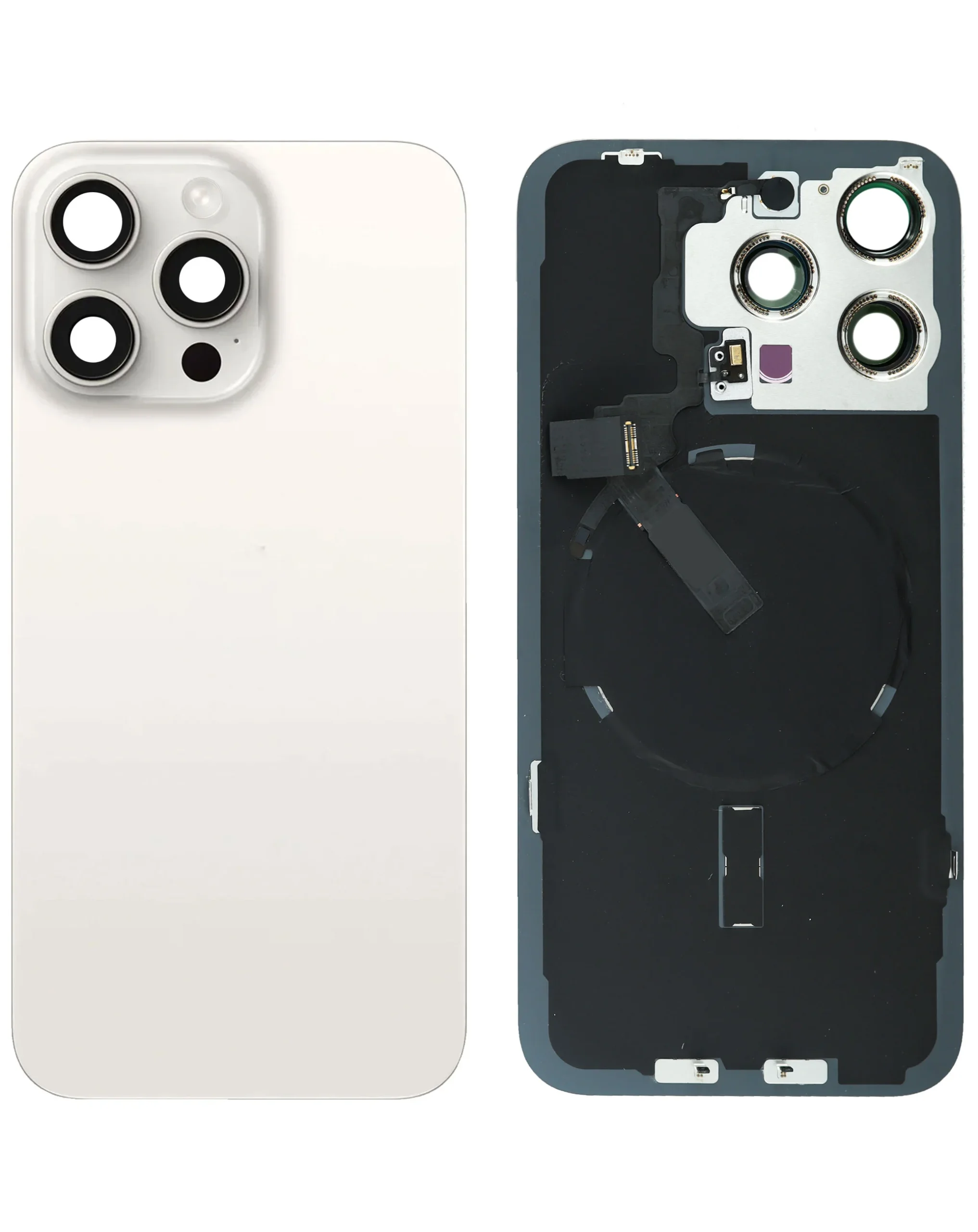iPhone 15 Pro Max Uyumlu BEYAZ TİTANYUM LOGOLU MagSafe Mıknatıslı, NFC ve Flaş Flexli Arka Cam
