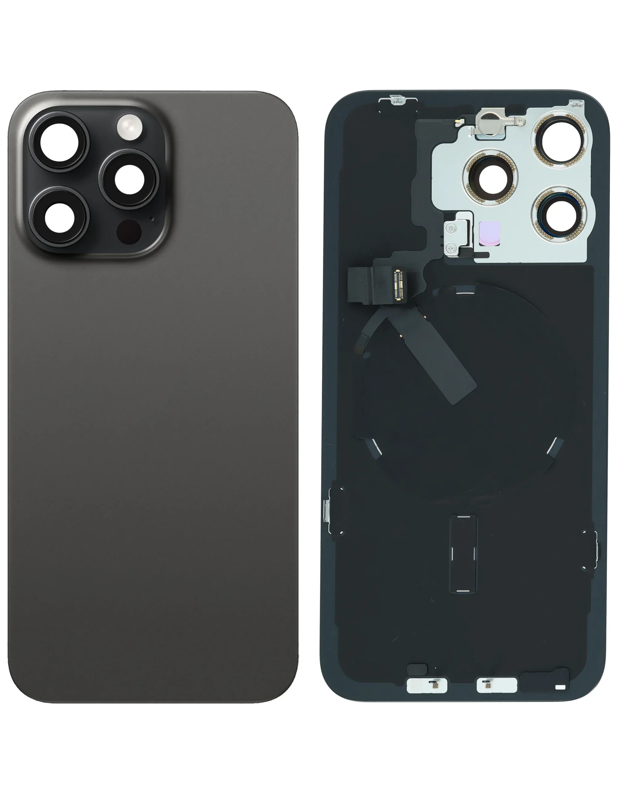 iPhone 15 Pro Max Uyumlu SİYAH TİTANYUM OEM Pull A Grade MagSafe Mıknatıslı, NFC ve Flaş Flexli Arka Cam