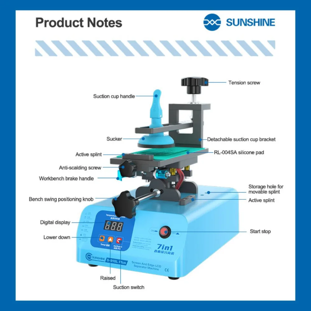 SUNSHINE S-918L PLUS 7-IN-1 360° KAVİSLİ VE DÜZ EKRAN AYIRICI, LCD ÇERÇEVELİ VE TUTKAL SÖKÜCÜ